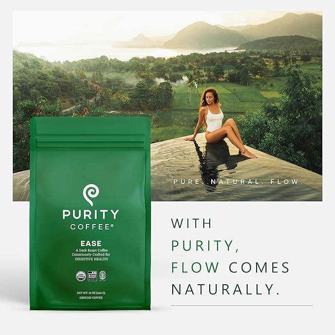 Purity Coffee EASE Dark Roast Ground Coffee for Low Acidity - USDA Organic and Third-Party Tested