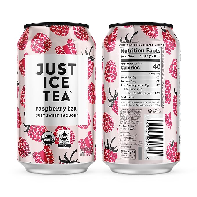 Just Ice Tea, Raspberry Flavored Black Iced Tea, 24-Pack (12oz Cans), USDA Certified Organic, Low