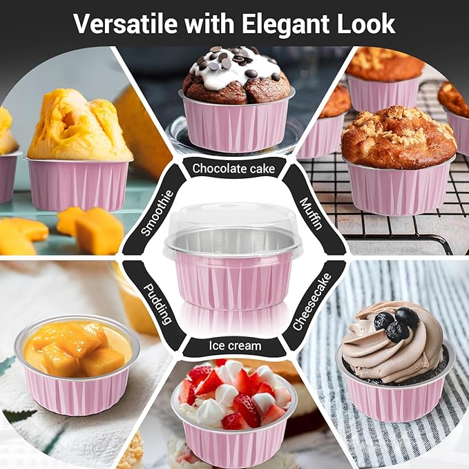 EUSOAR Baking Cups with Lids, Pink 25Packs 5oz Disposable Aluminum Foil Mini Muffin Liners, Dessert