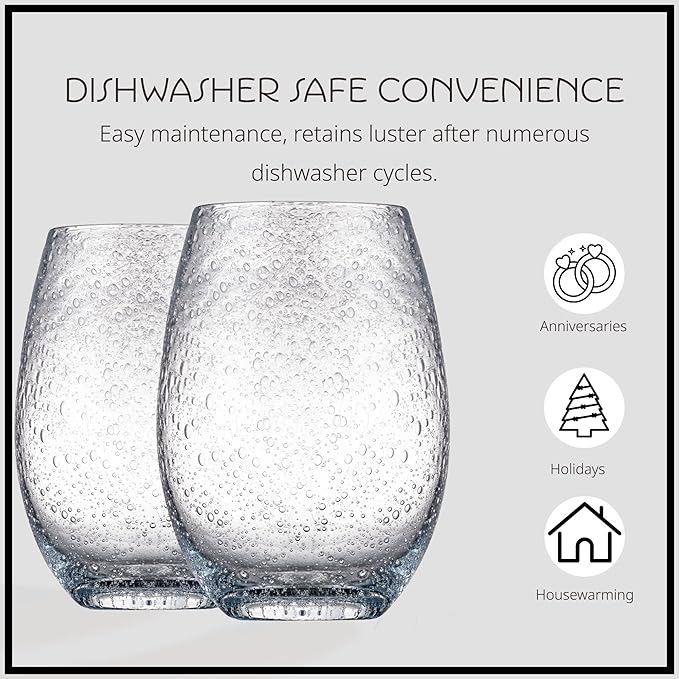 Artland Stemless Wine Glass, Set of 4 | Iris Seeded Design, Clear | Drinking Glass for Parties and