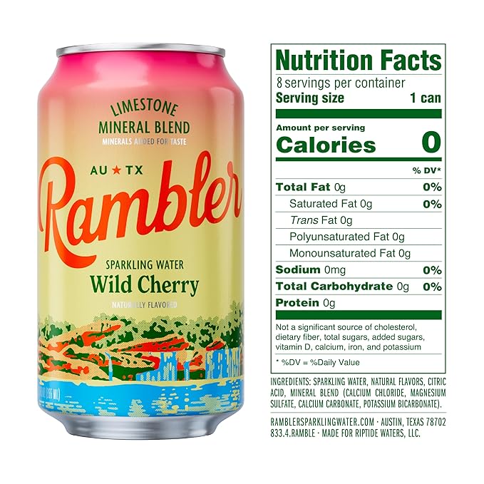AUTX RAMBLER Sparkling Water, Texas Limestone Mineral Blend, Wild Cherry Flavor, 12-Ounce Cans
