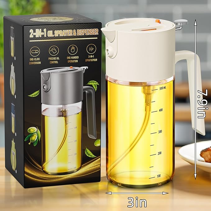 Oil Sprayer for Cooking, 2025 Large Advanced Olive Oil Dispenser Bottle,500ml/17oz Glass Olive Oil