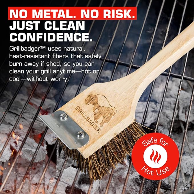 Natural Grill Brush Non Metal Bristles - Durable Non Metal Grill Brush Outdoor Grills Wooden Handle