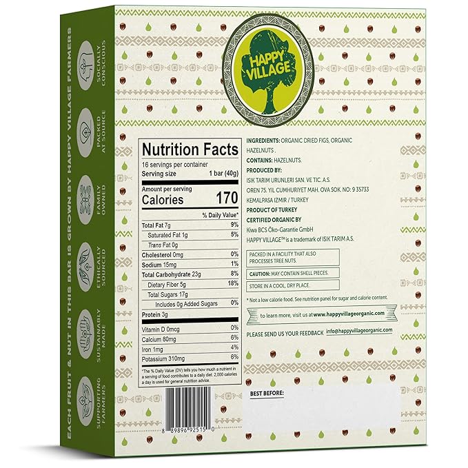 Happy Village Organic Fig & Nut Bar, ORIGINAL FIG | Only 2 Ingredients, Gluten Free, No Added
