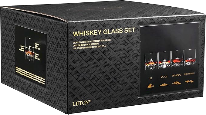 The Peaks Heavy Crystal Whiskey Glasses Gift Set of 4, Thick Freezable Bourbon Glass 1lb Each