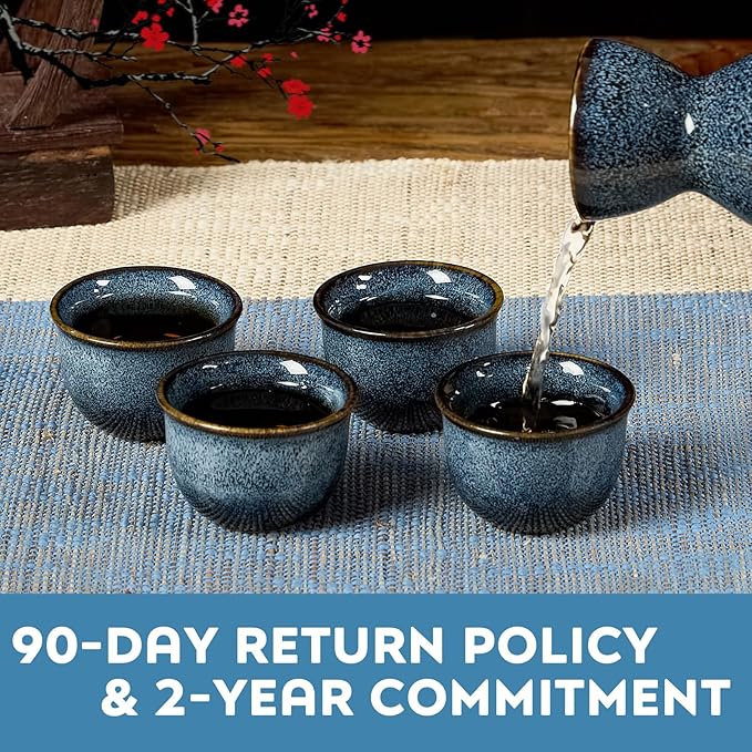 DUJUST 5 pcs Japanese Sake Set, Kiln Altered Glaze Porcelain Sake Set, 1 Bottle, 4 Cups & 1 Gift
