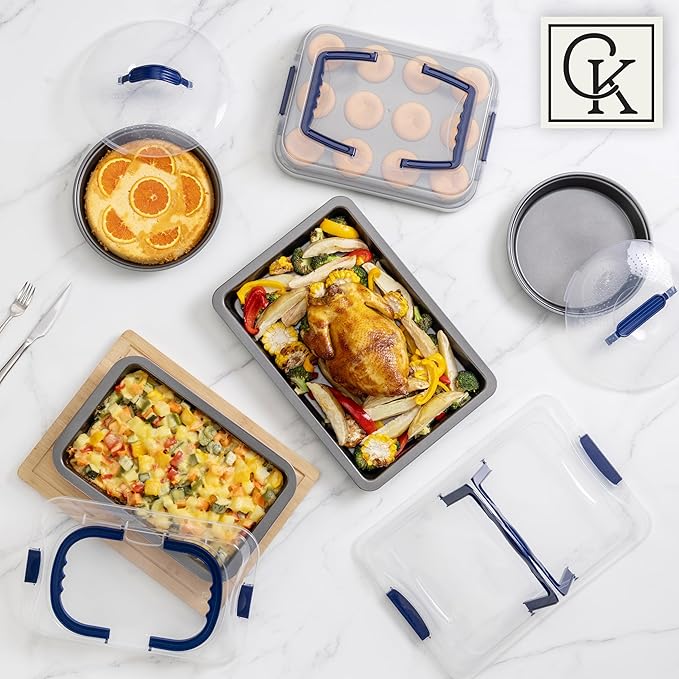 Country Kitchen Baking Pans Set - 10 Piece Non-Stick Cake Pans with Carry Lids for Easy Storage &