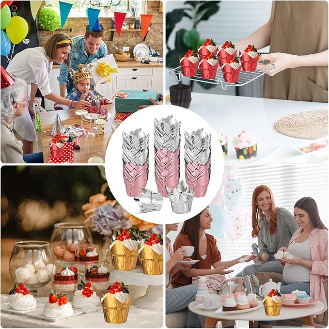 uxcell 100 Pcs Tulip Cupcake Liners, Muffins Liners Aluminum Foil Cupcake Wrappers Baking Cups