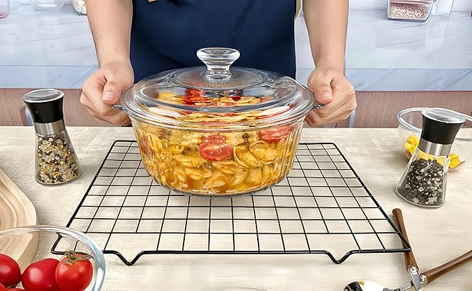 Round Glass Casserole Baking Dish With Lid, Borosilicate Glass, 2.4QT Glass Casserole Dish for Oven