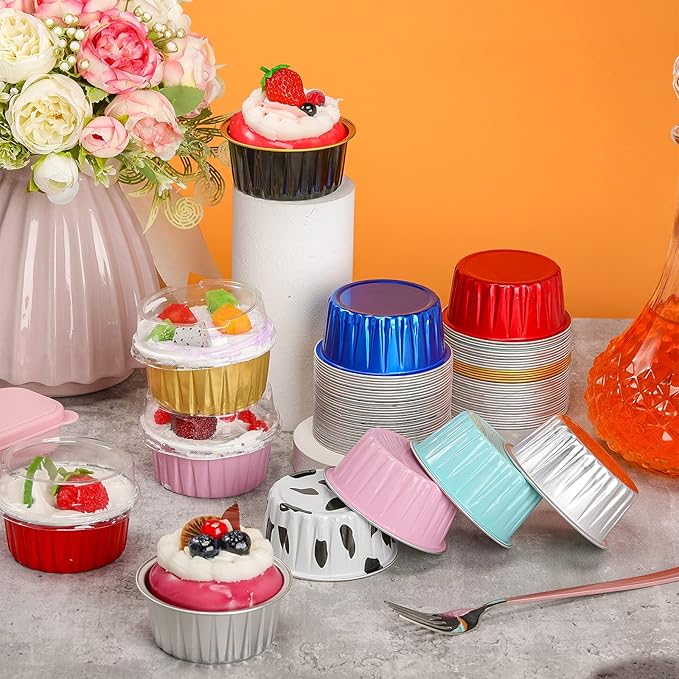 120 Pcs Aluminum Foil Baking Cups Mini Cake Pans with Lids 5 oz Cupcake Liners Disposable Muffin