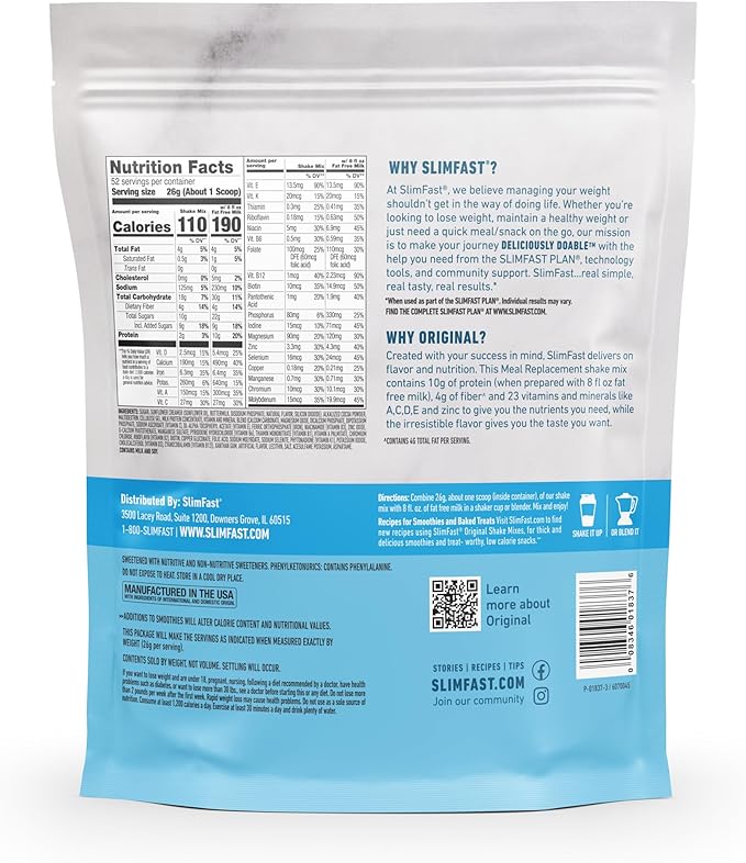 SlimFast Meal Replacement Powder, Original Rich Chocolate Royale, Weight Loss Shake Mix, 10g of