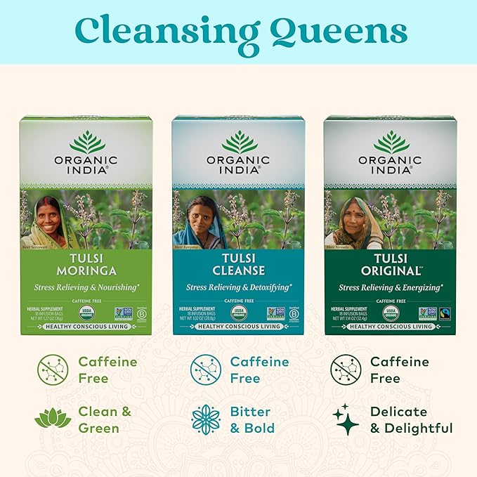 ORGANIC INDIA Tulsi Cleanse Tea - Holy Basil, Ginger, Turmeric, Herbal Tea, Stress Relieving &