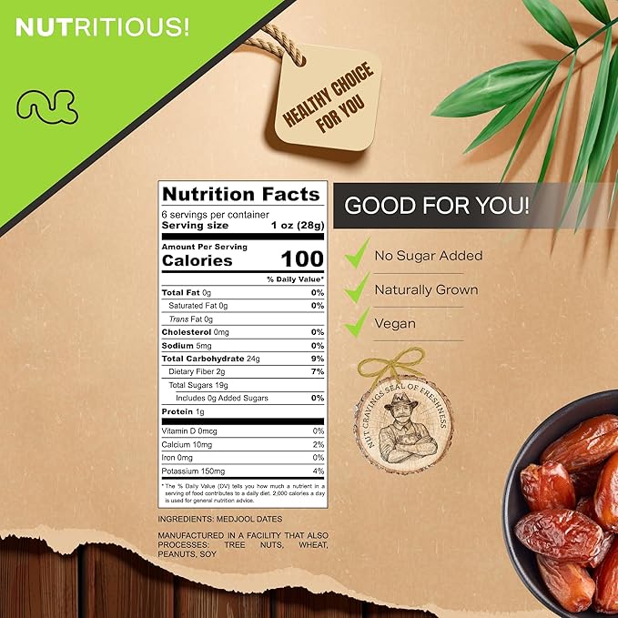 NUT CRAVINGS - Sun Dried Jumbo Medjool Dates, No Sugar Added, Unsulphured (6oz, 1 Pack) Bulk Dry