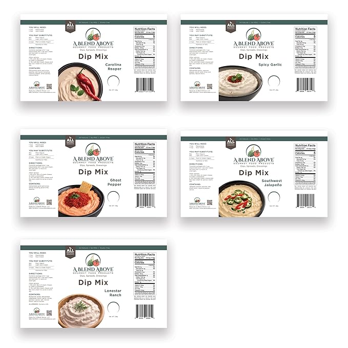 A Blend Above Spicy Dip Mix 5 Pack Includes Spicy Garlic, Lonestar Ranch, Ghost Pepper, Carolina