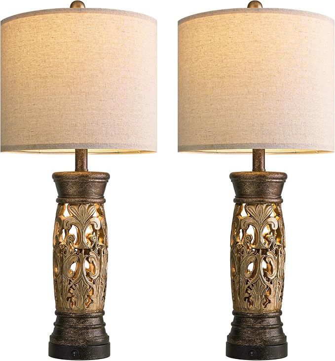 BOBOMOMO 27.25” Antique Gold Table Lamps Set of 2 – Farmhouse Bedside Lamps with Night Light & USB