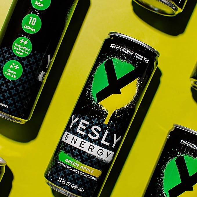 Yesly Energy Drink, Green Apple, Naturally Flavored Sparkling Energy Drink With Electrolytes