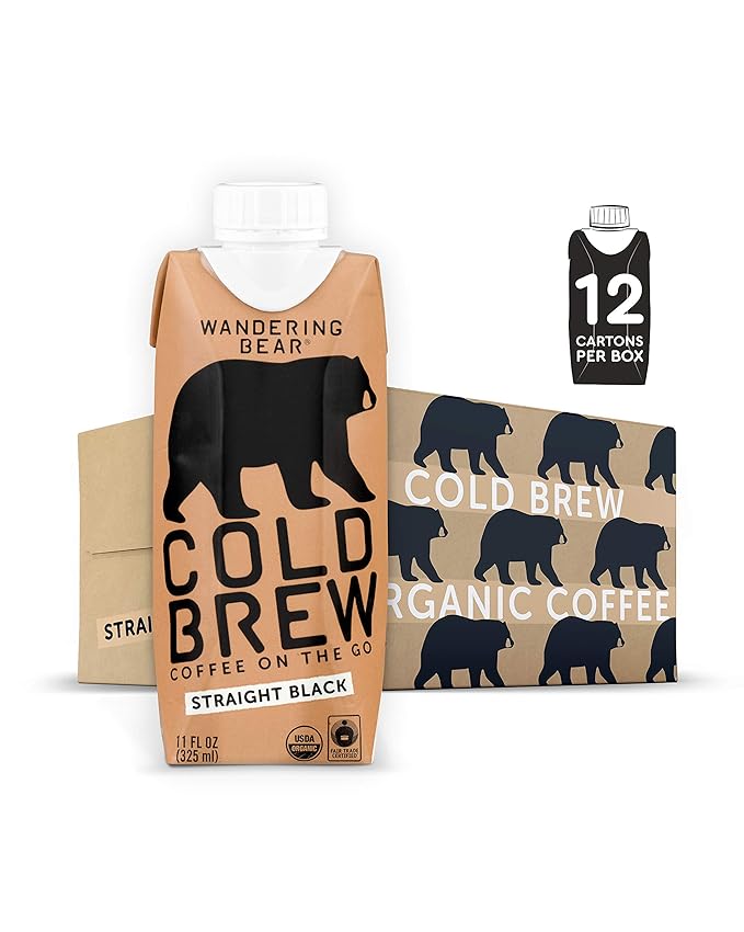 Wandering Bear Straight Black Organic Cold Brew Coffee On-the-Go, 11 fl oz, 12 pack - Extra Strong