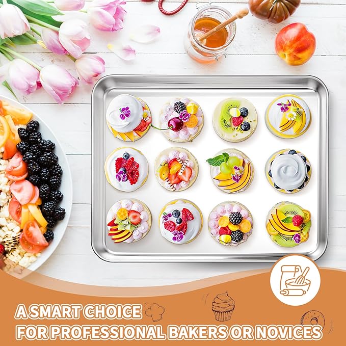 Stainless Steel Baking Sheet Set of 2, Deedro Cookie Sheet Metal Baking Pan Oven Tray, Non Toxic &