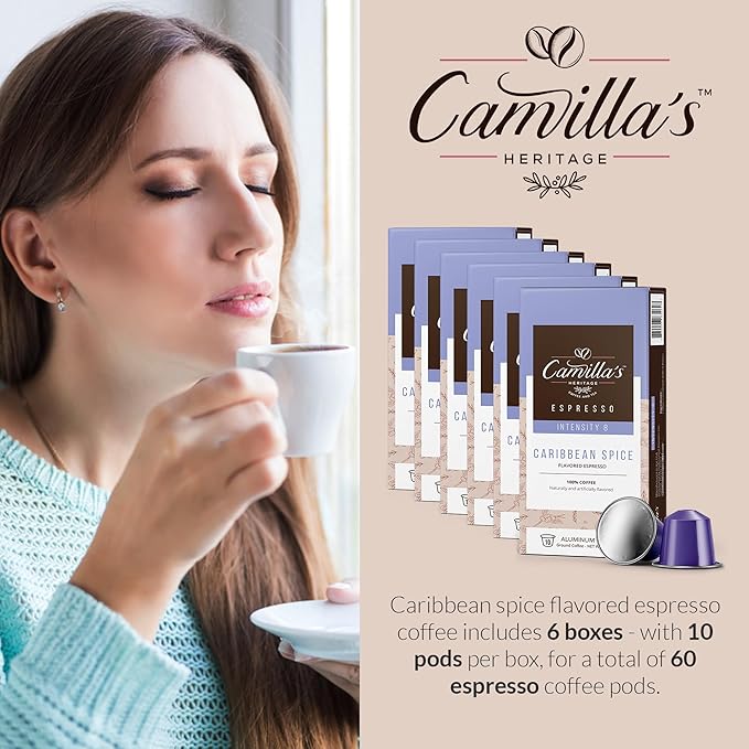 Camilla’s Heritage - Intensity 8 Caribbean Spice Flavored Espresso Coffee, Gourmet Espresso Cups