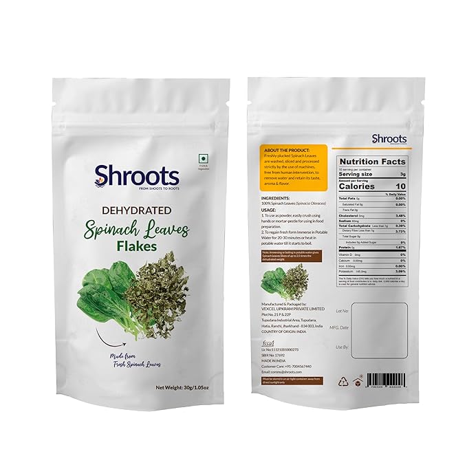 SHROOTS Dehydrated Spinach (Palak) Leaves Flakes Pure Vegetarian Gluten-Free No Added Salt Easy