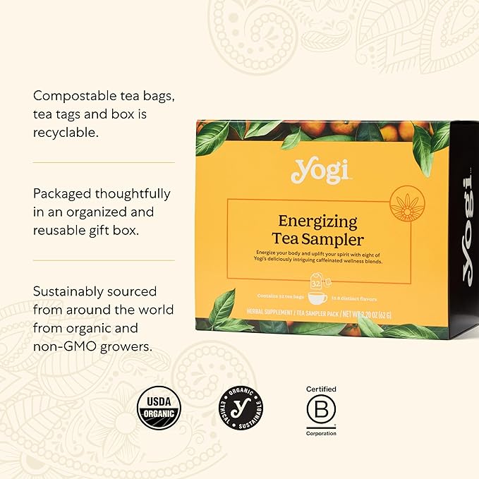 Yogi Organic Tea Energy Sampler Box (32 Tea Bags) - 8 Energizing Black & Green Teas - Contains
