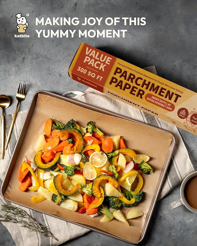 Katbite Unbleached Parchment Paper Roll, 15in x 242ft, 300 Sq.Ft, Non-Stick with Serrated Cutter