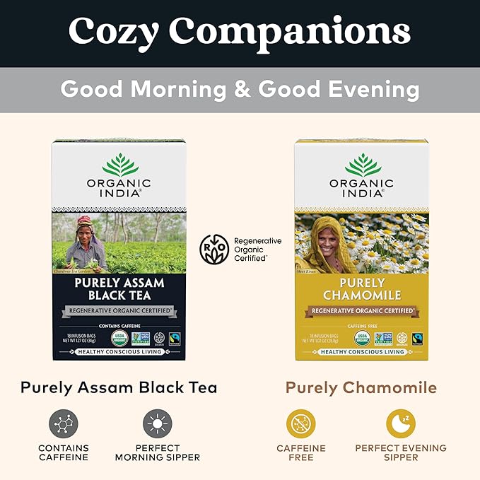 Organic India Purely Assam Black Tea - Caffeinated Herbal Tea Bags with Natural Assam Leaves, Enjoy