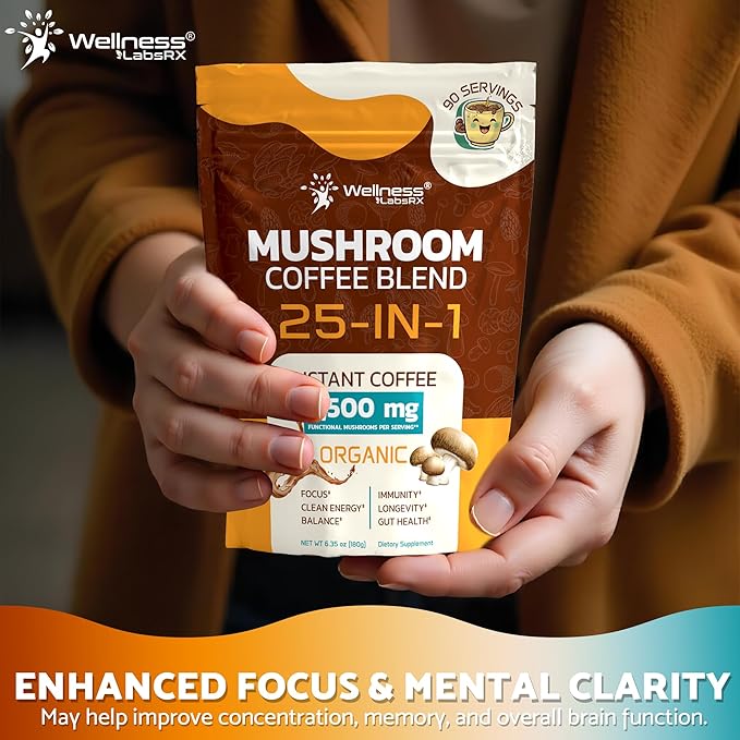 Mushroom Coffee Organic Instant Coffee, 25-in-1, Third-Party Tested Keto Friendly Lions Mane
