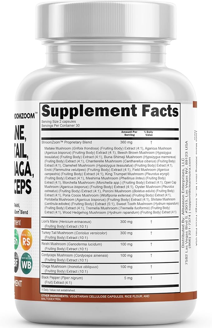Clean Nutraceuticals Lions Mane 20in1 Mushroom Supplement with Turkey Tail Reishi Cordyceps Chaga