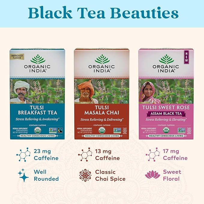 ORGANIC INDIA Tulsi Breakfast Herbal Tea - Black Tea, Holy Basil, Relieve Stress & Energize, USDA