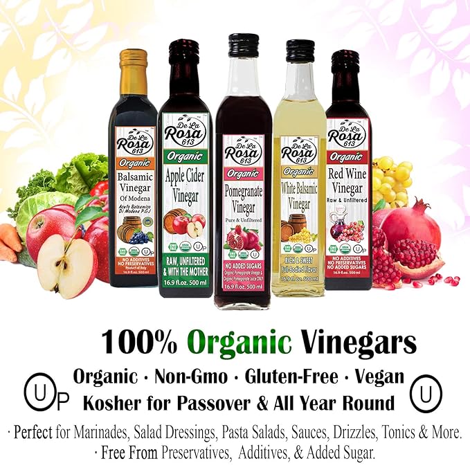 De La Rosa Organic Pomegranate Vinegar, Pure & Unfiltered, Vegan, Gluten Free & Kosher, Great for