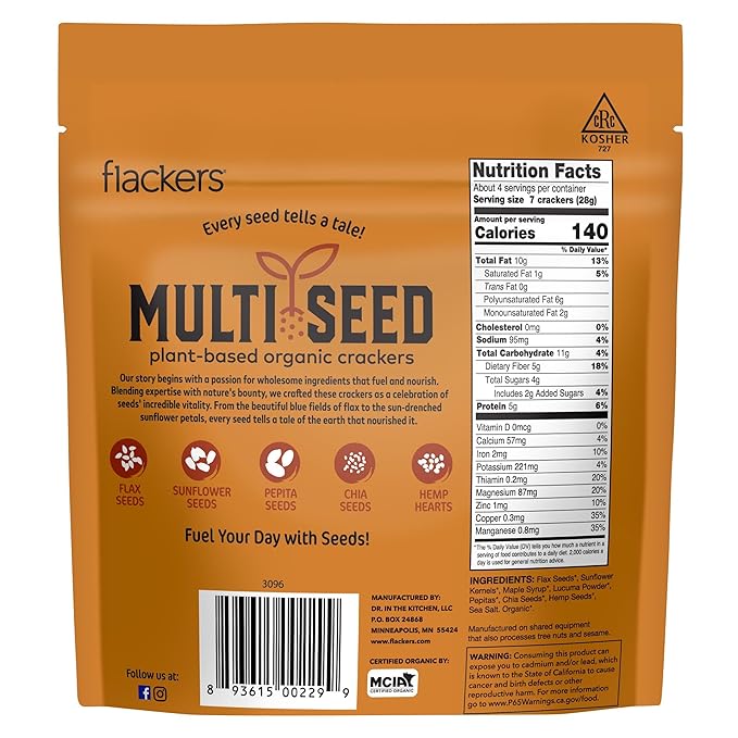 Flackers Organic Maple Multi-Seed Crackers, 4 Ounce 6-Pack, Gluten Free, Non GMO, Vegan, Keto