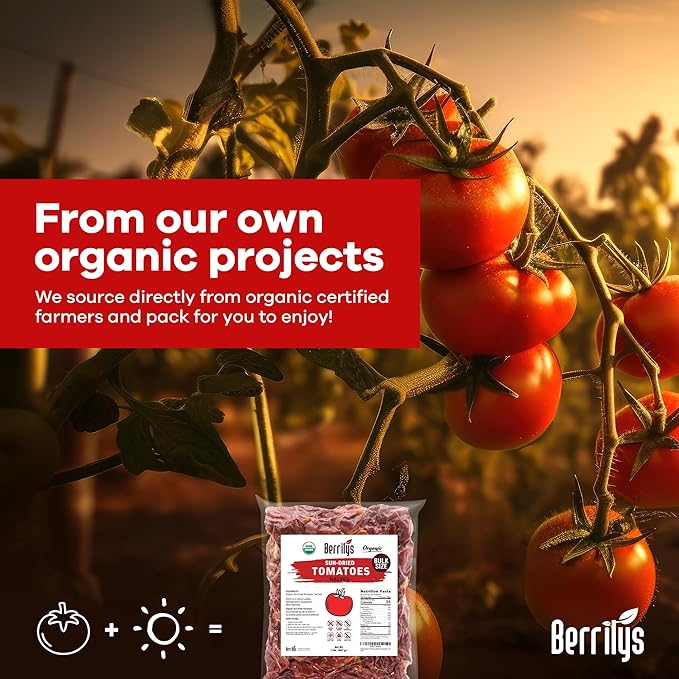 Sun-Dried Tomatoes, 2 LBS, USDA Organic, Berrilys, No Sulfur, No Preservatives, Seasalt is used as