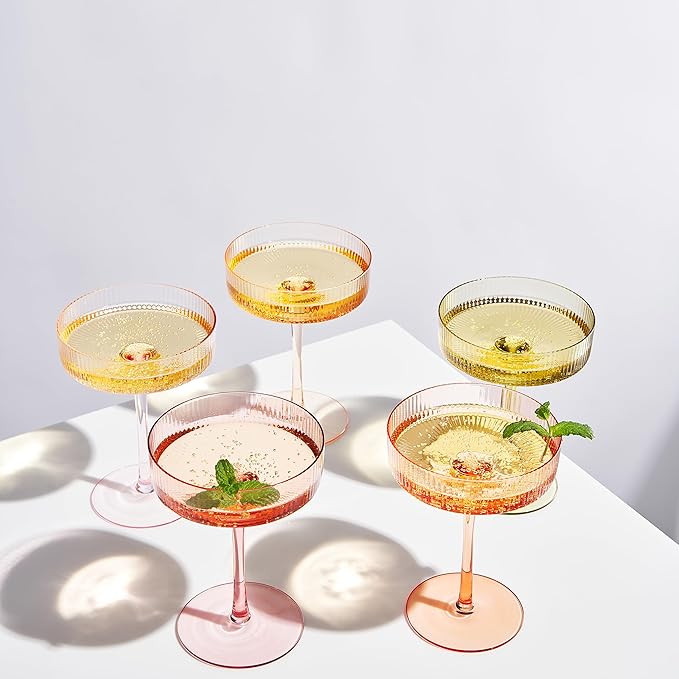 Khen Pastels Colored Vintage Art Deco Coupe Glasses - Martini, Cocktail & Champagne Ribbed Glasses