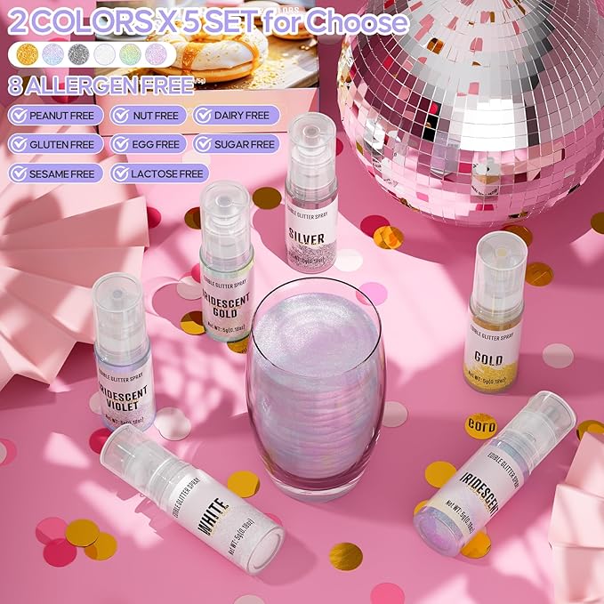Edible Glitter Spray,2 Colors Iridescent & Iridescent Gold Food Grade Edible Glitter Set for Drink