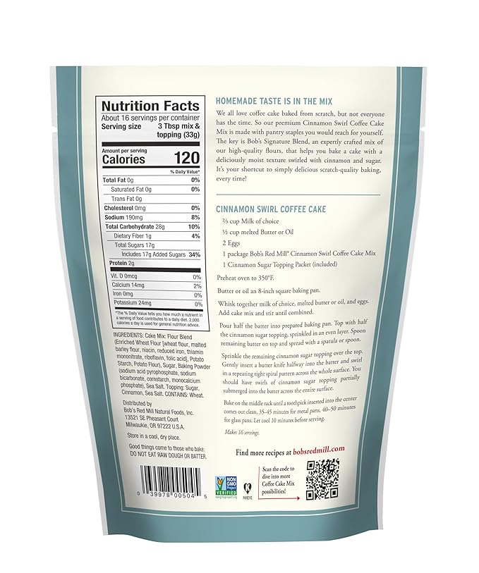 Bob's Red Mill Cinnamon Swirl Coffee Cake Baking Mix - 18.5 oz Bag (Pack of 4), Simple Clean