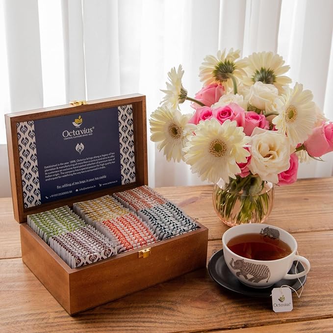 Octavius Gift's Select - Assorted Tea in Multi Design Printed Wooden Box | 6 Flavors, 90 Tea Bags |