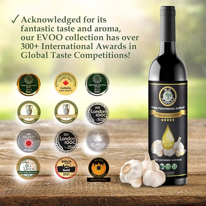 M.G. PAPPAS High Polyphenol Rich Garlic Infused Olive Oil - Extra Virgin Olive Oil - Over 500mg/kg