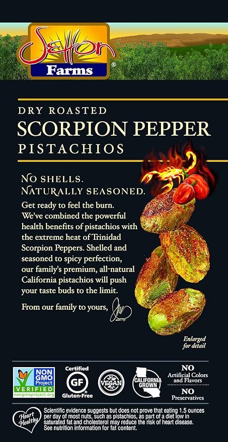 Setton Farms Pistachios, Scorpion Pepper Extreme Flavor Naturally Seasoned No Shell Pistachio Nuts