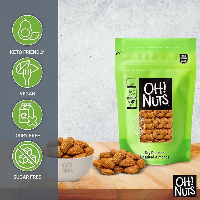 Oh! Nuts Almonds - Dry Roasted Unsalted Almonds - 2 lb - No Salt, No Oil All-Natural Protein