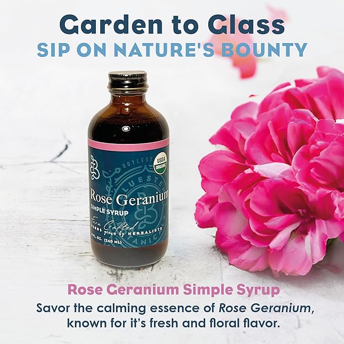 Bluestem Botanicals Organic Rose Geranium Simple Syrup, 8 oz, Cocktail and Mocktail Mixer for