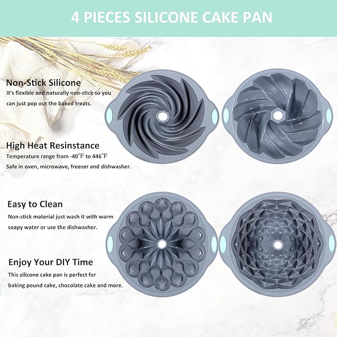 Tongjude 4 Pieces Silicone Fluted Cake Pans, 6/7/8 Cups Tube Baking Pan, Non-Stick Kitchen Oven