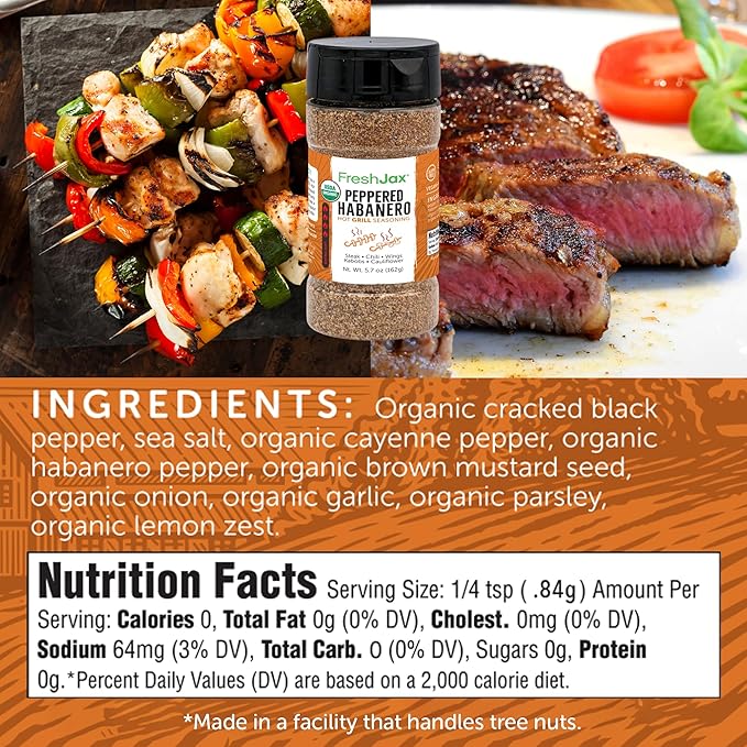 FreshJax Organic Peppered Habanero Hot Grilling Seasoning Spice (5.6 oz Large Bottle) Non GMO