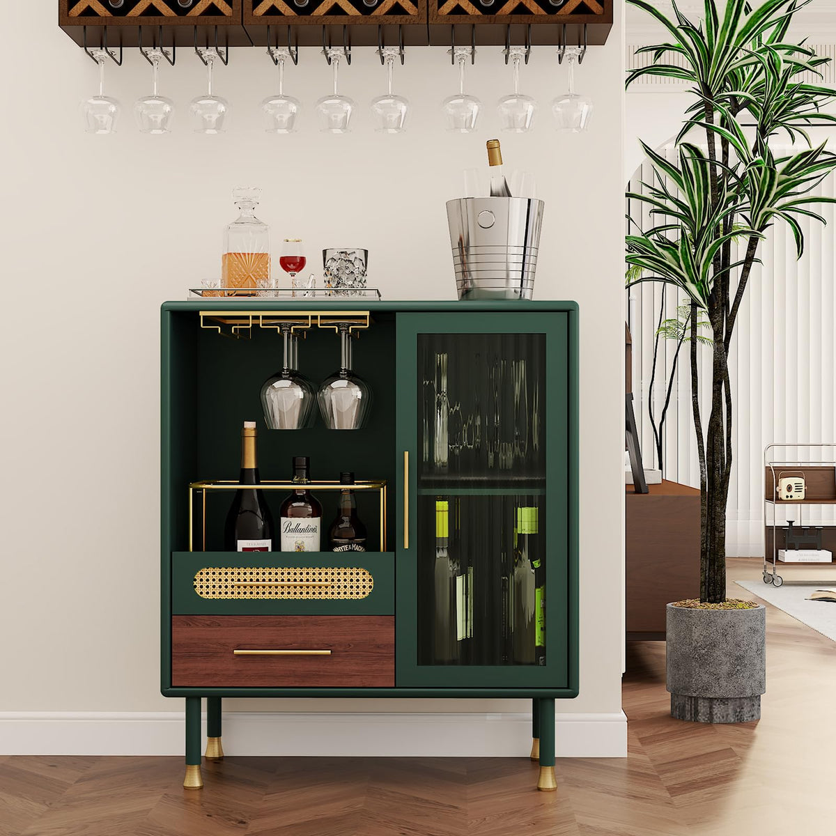ARTPOWER Modern Coffee Bar Cabinet with Pull-Out Wine Storage, Green