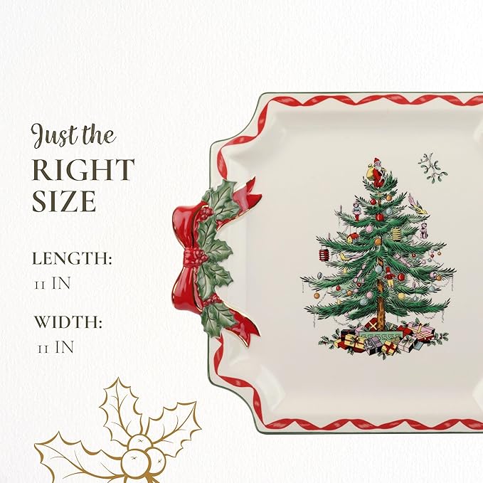 Spode Christmas Tree Ribbons Square Platter with Bow Handles - 11-Inch Holiday Serving Plate for