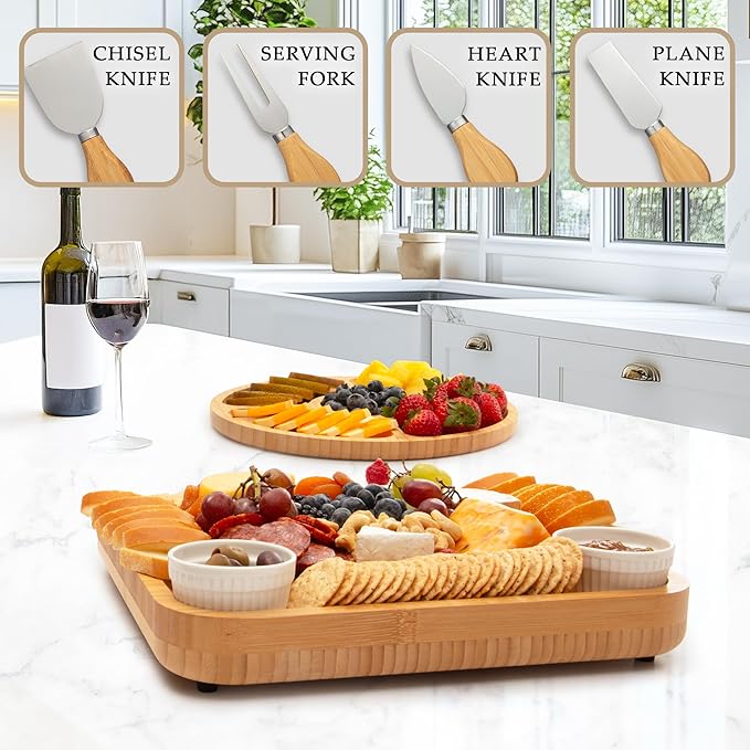 Zulay Kitchen Premium Bamboo Cheese Board Set - Extra Thick Bamboo Charcuterie Board Set with 4