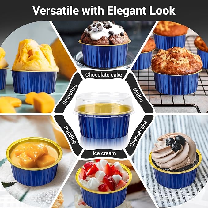 EUSOAR Disposable Ramekins with Lids, Royal Blue 50pcs 5oz Creme Brulee Ramekins Disposable, Muffin