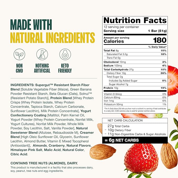 Supergut GLP-1 Boosting Prebiotic Bars, Strawberry Almond - Gut Healthy Protein Snacks & Breakfast