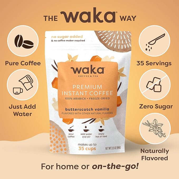 Waka Premium Instant Coffee — Butterscotch Vanilla Flavored — 100% Arabica Freeze Dried Beans — For