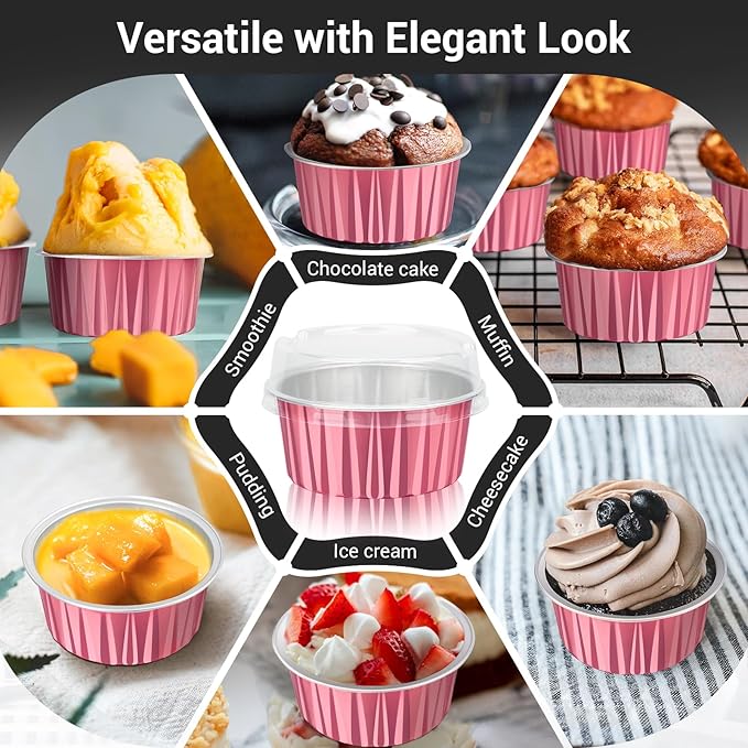 EUSOAR Aluminum Cups with Lids, 30pcs 5oz Disposable Aluminum Foil Muffin Liners Ramekins Baking